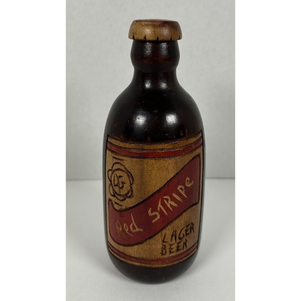 Vintage Red Stripe Hand-Carved Wood Figurine Decor Man Cave 6.5"